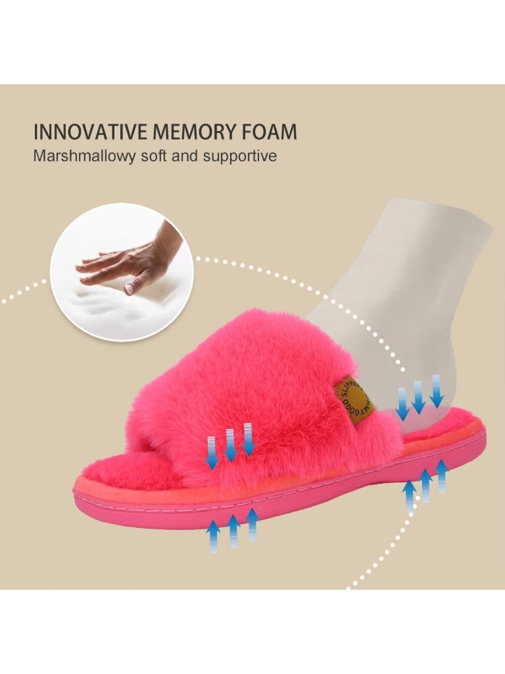Women's Rose Red Indoor Memory Foam Soft Faux Fur Nonslip Open Toe Slipper Shoes - Picture 5 of 7